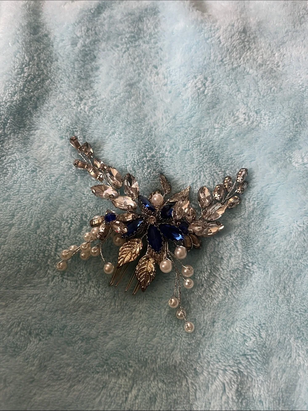 Pearl & Sapphire Blue Crystal Hair Comb